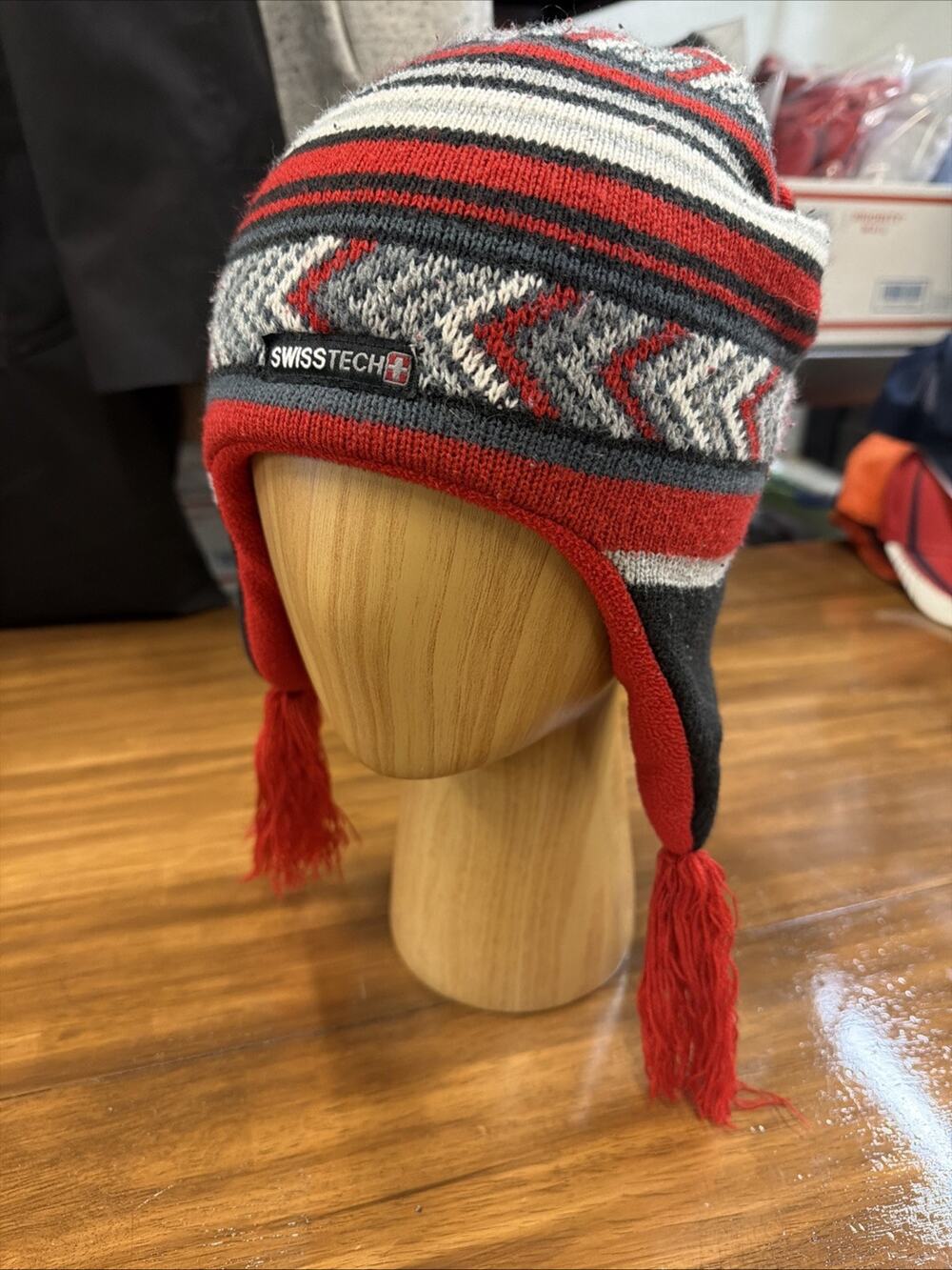 Swistech Beanie Hat Cap Red Black Geometric Knit Fleece Lined EUC